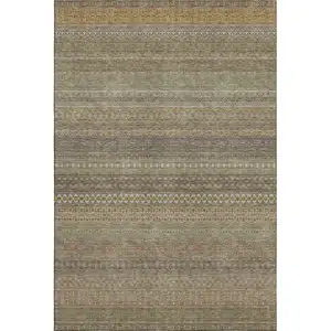 Photo of Khaki And Ivory Striped Washable Area Rug With UV Protection