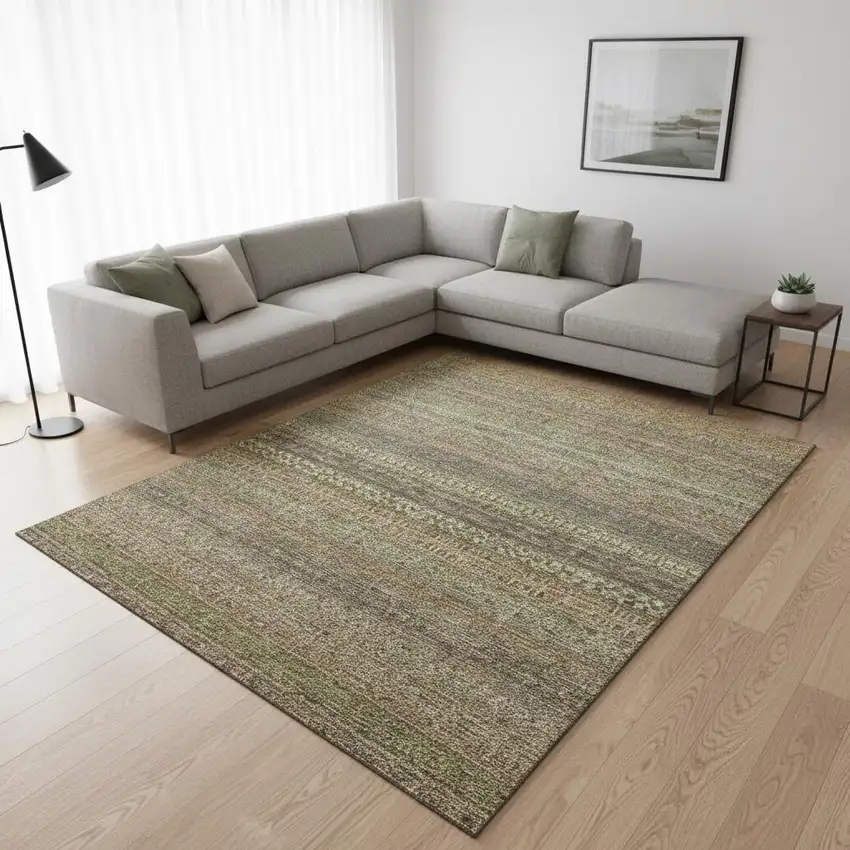 Khaki And Ivory Striped Washable Area Rug With UV Protection Photo 2