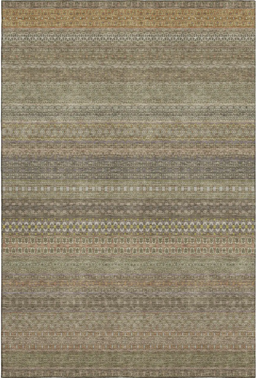 Khaki And Ivory Striped Washable Area Rug With UV Protection Photo 1