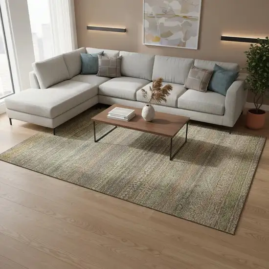 Khaki And Ivory Striped Washable Area Rug With UV Protection Photo 2