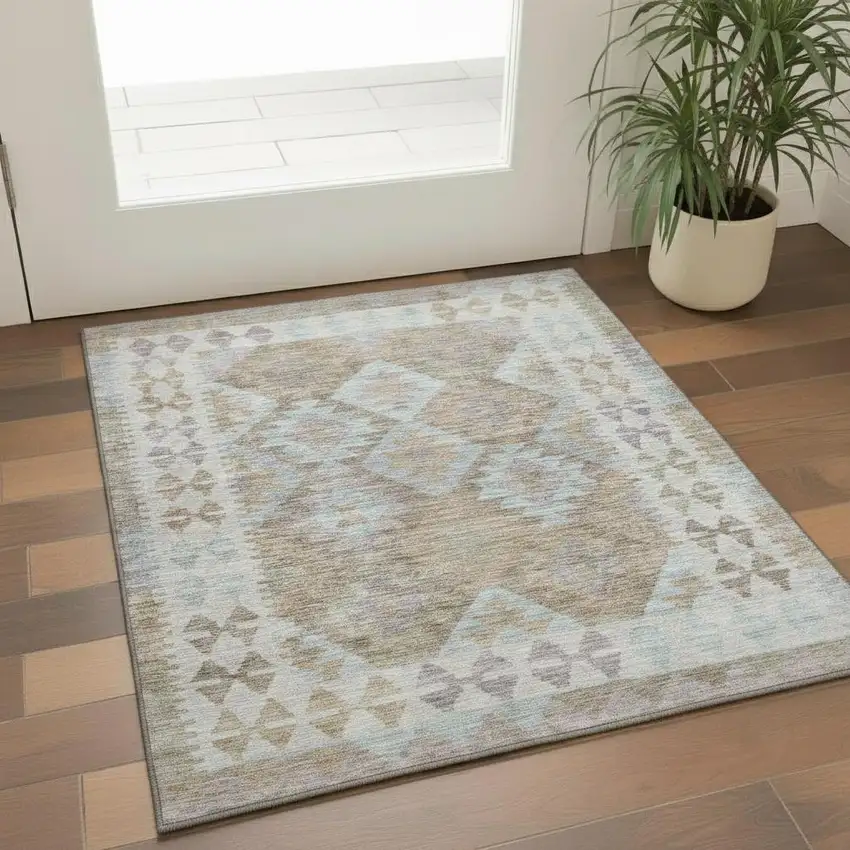 Khaki And Ivory Tribal Washable Area Rug With UV Protection Photo 2