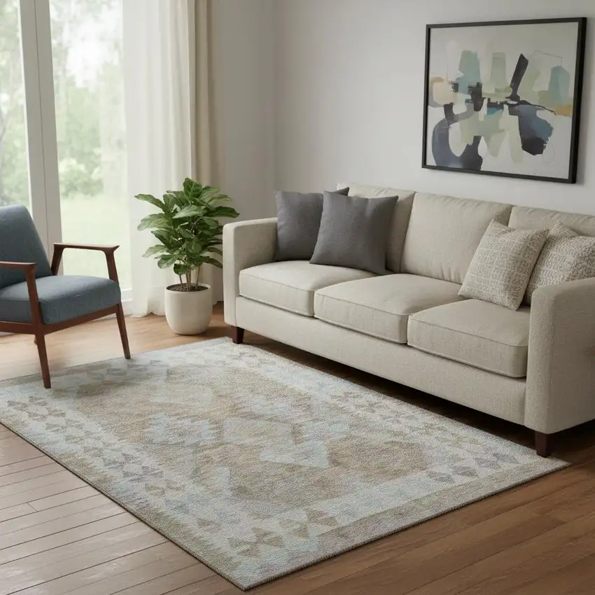 Khaki And Ivory Tribal Washable Area Rug With UV Protection Photo 2