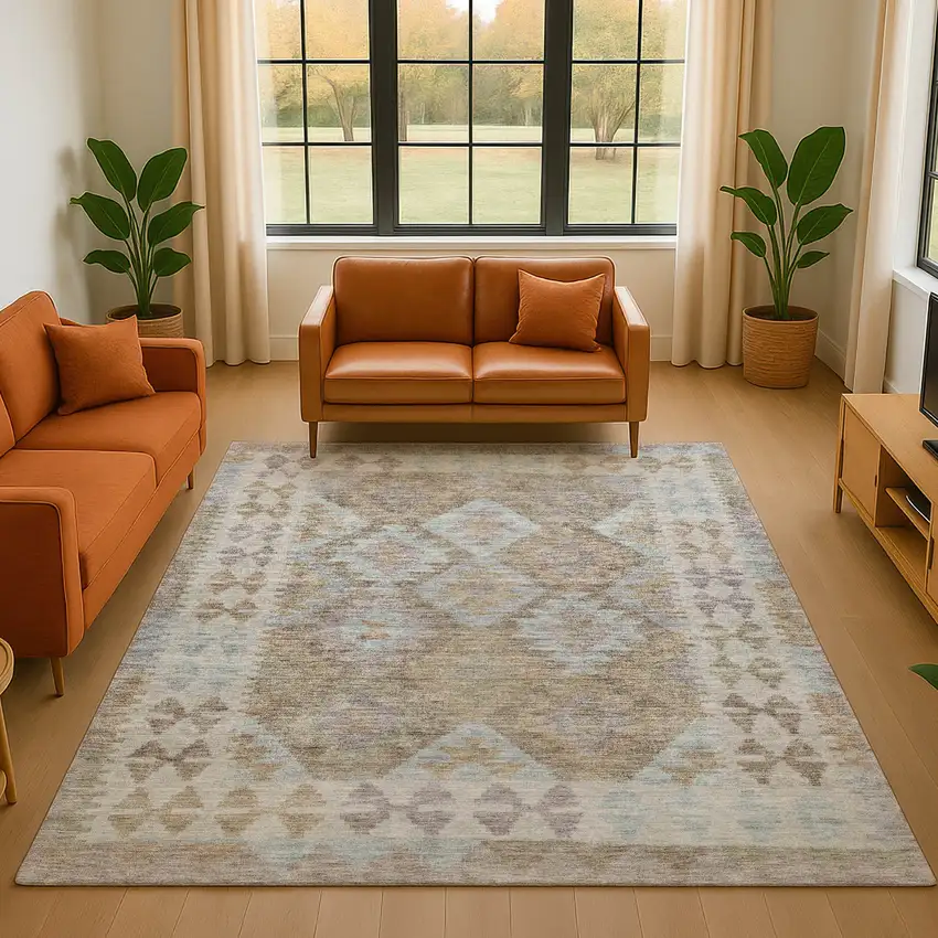 Khaki And Ivory Tribal Washable Area Rug With UV Protection Photo 5