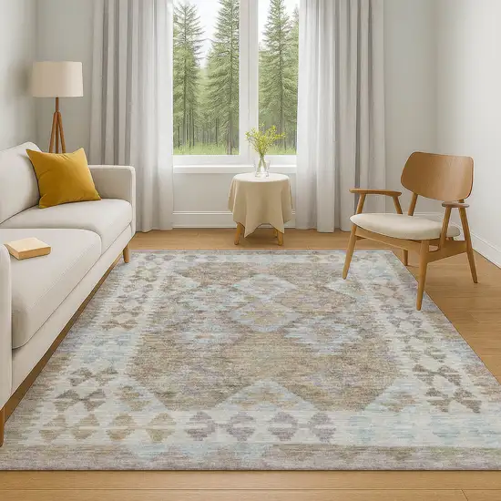 Khaki And Ivory Tribal Washable Area Rug With UV Protection Photo 6