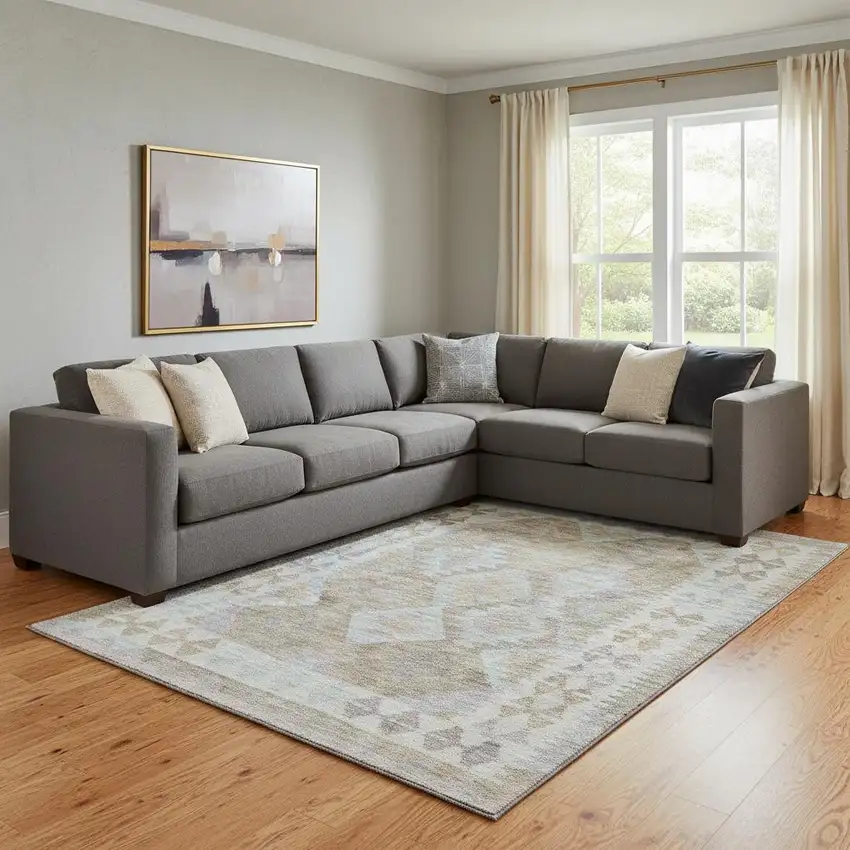 Khaki And Ivory Tribal Washable Area Rug With UV Protection Photo 2