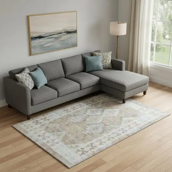 Khaki And Ivory Tribal Washable Area Rug With UV Protection Photo 2