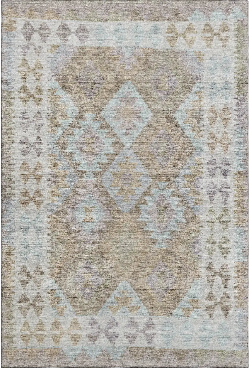 Khaki And Ivory Tribal Washable Area Rug With UV Protection Photo 1