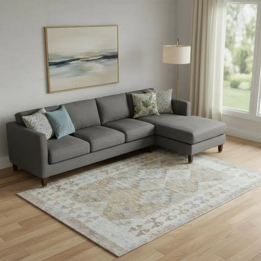 Khaki And Ivory Tribal Washable Area Rug With UV Protection Photo 2