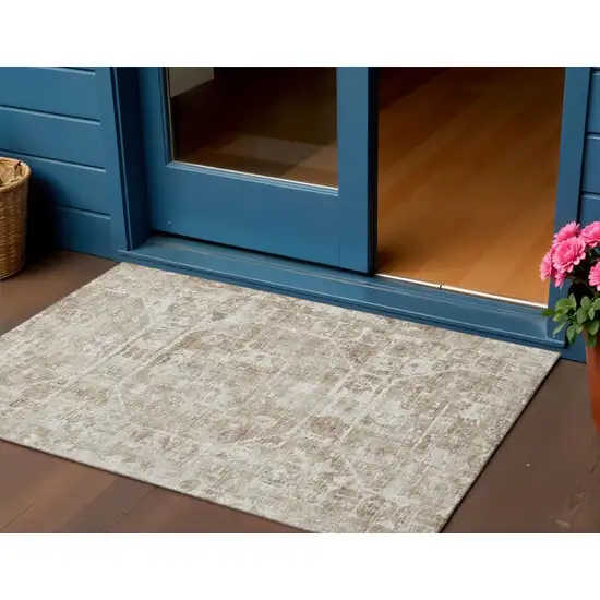 Khaki And Ivory Tribal Washable Indoor Outdoor Area Rug Photo 1