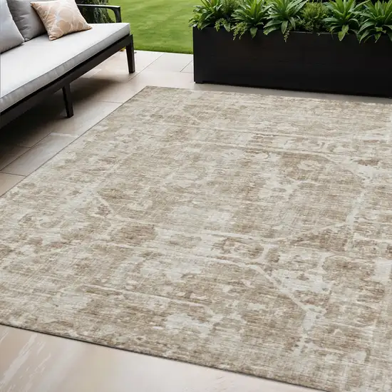 Khaki And Ivory Tribal Washable Indoor Outdoor Area Rug Photo 1