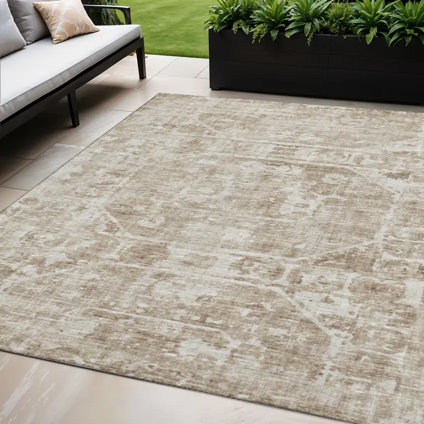 Khaki And Ivory Tribal Washable Indoor Outdoor Area Rug Photo 1