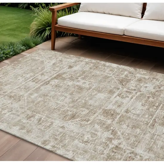 Khaki And Ivory Tribal Washable Indoor Outdoor Area Rug Photo 1