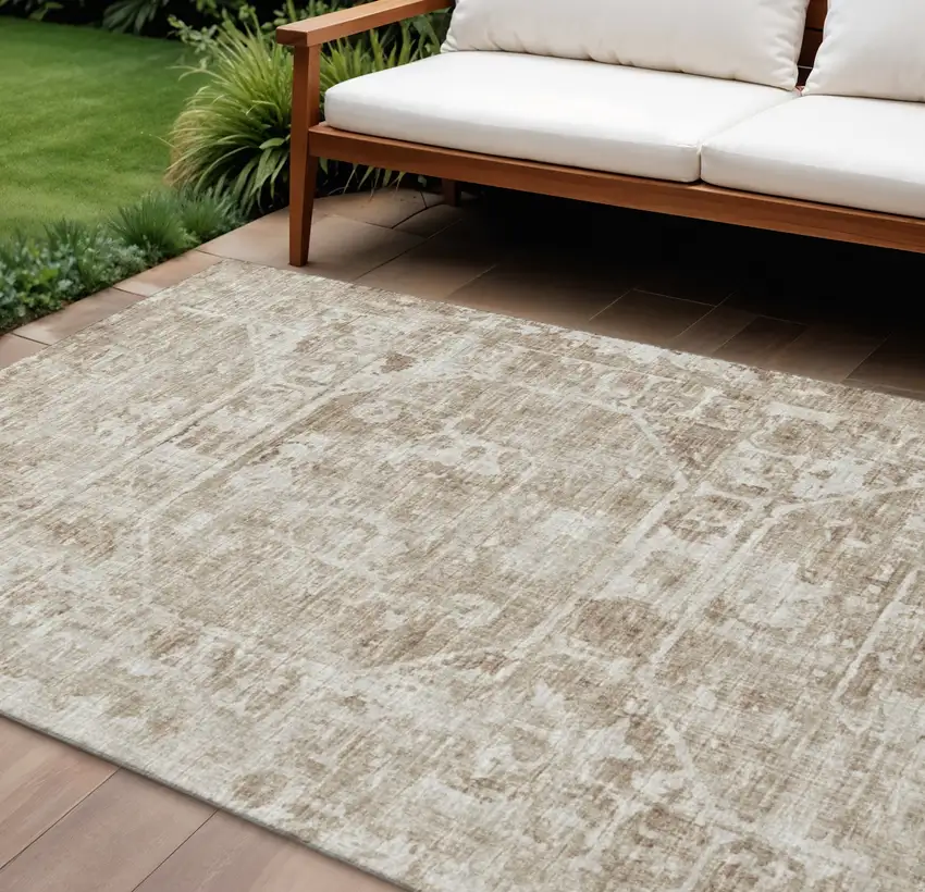 Khaki And Ivory Tribal Washable Indoor Outdoor Area Rug Photo 1