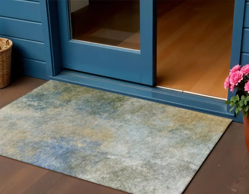 Khaki And Navy Blue Abstract Washable Indoor Outdoor Area Rug Photo 2