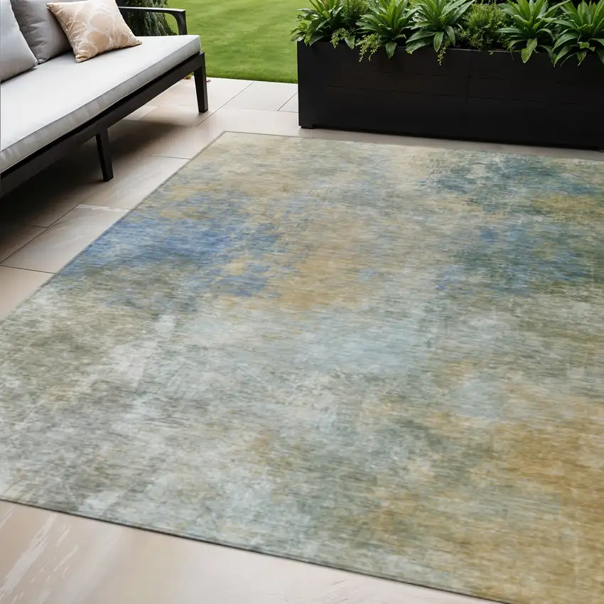 Khaki And Navy Blue Abstract Washable Indoor Outdoor Area Rug Photo 2
