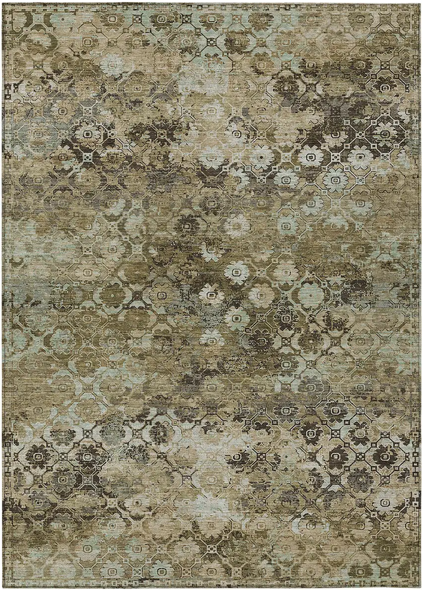 Khaki And Olive Green Abstract Washable Indoor Outdoor Area Rug Photo 1