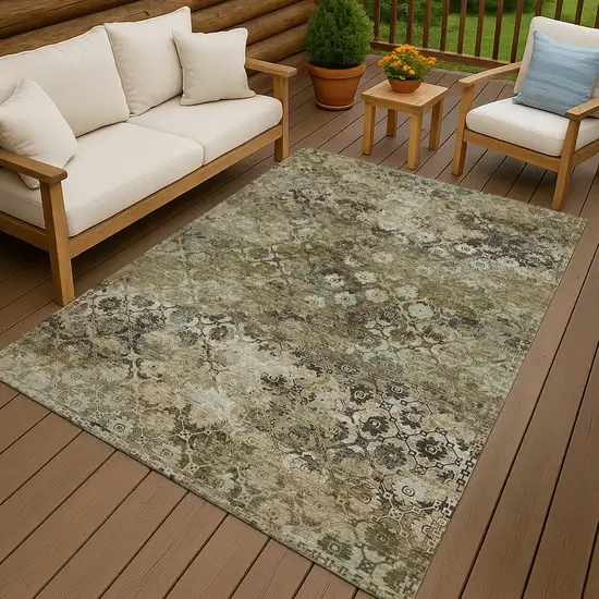 Khaki And Olive Green Abstract Washable Indoor Outdoor Area Rug Photo 4