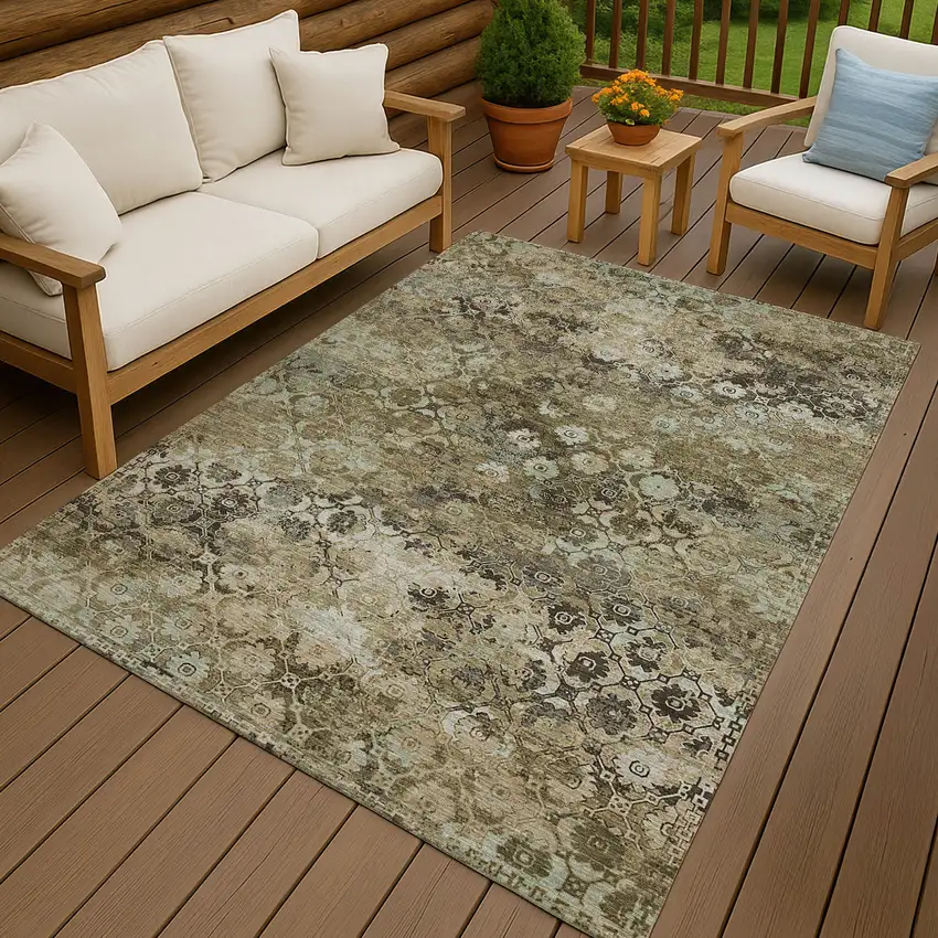 Khaki And Olive Green Abstract Washable Indoor Outdoor Area Rug Photo 4