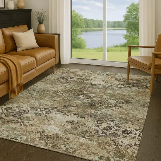 Khaki And Olive Green Abstract Washable Indoor Outdoor Area Rug Photo 5