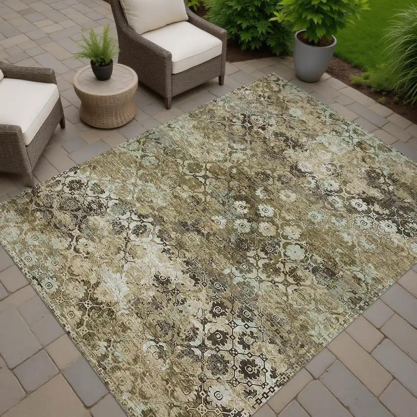 Khaki And Olive Green Abstract Washable Indoor Outdoor Area Rug Photo 7