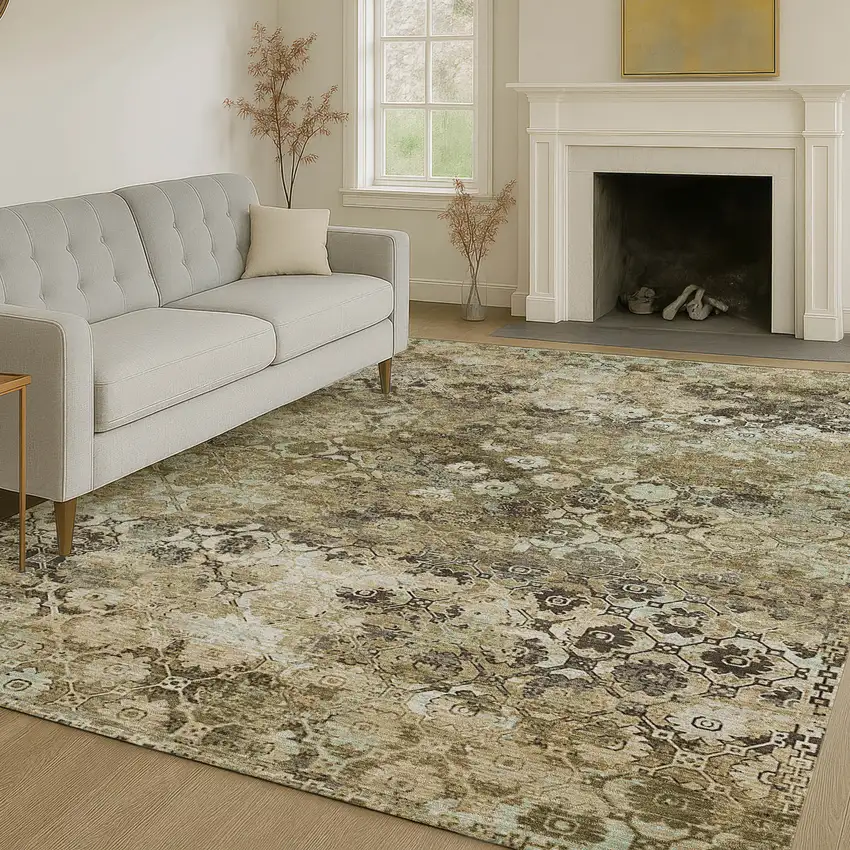 Khaki And Olive Green Abstract Washable Indoor Outdoor Area Rug Photo 6