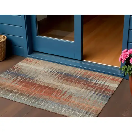 Khaki And Rust Striped Washable Indoor Outdoor Area Rug Photo 1