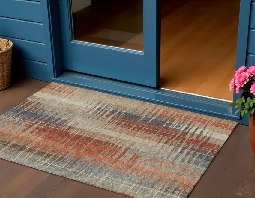 Khaki And Rust Striped Washable Indoor Outdoor Area Rug Photo 1