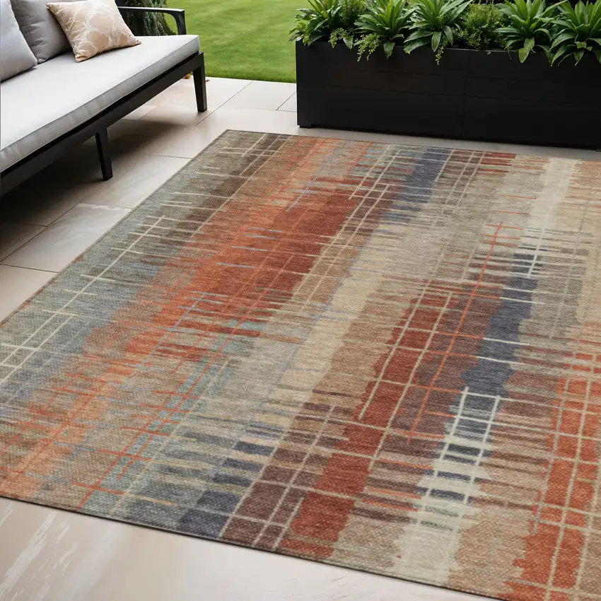 Khaki And Rust Striped Washable Indoor Outdoor Area Rug Photo 1