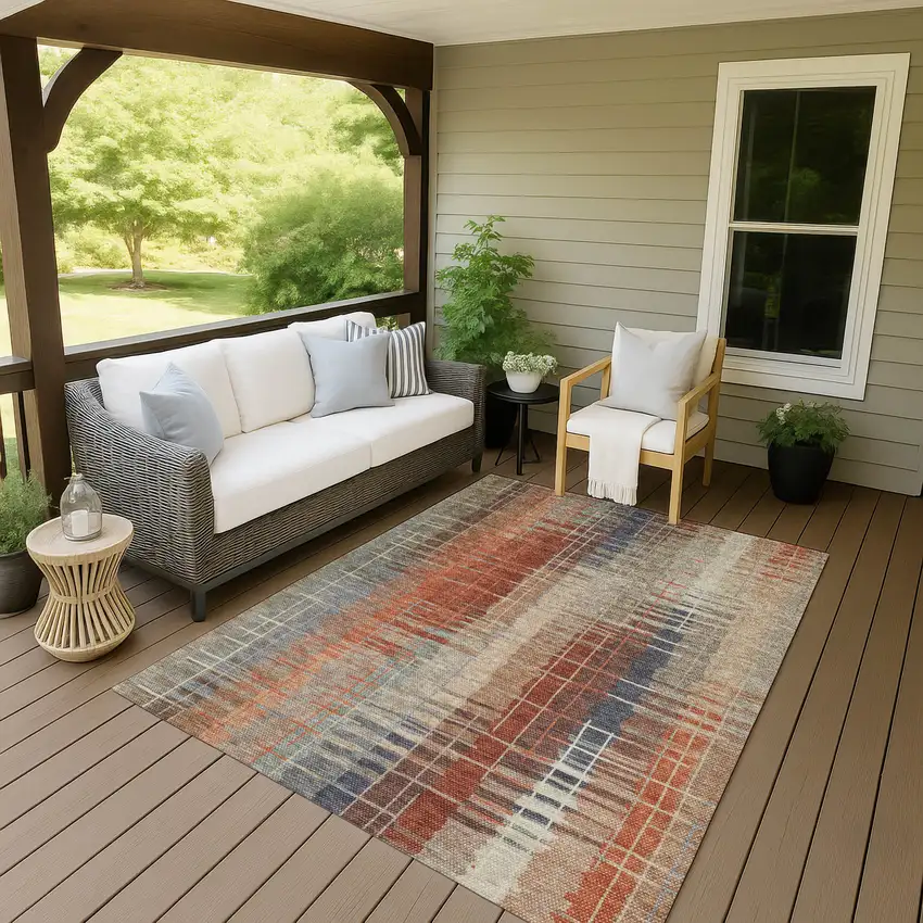 Khaki And Rust Striped Washable Indoor Outdoor Area Rug Photo 9