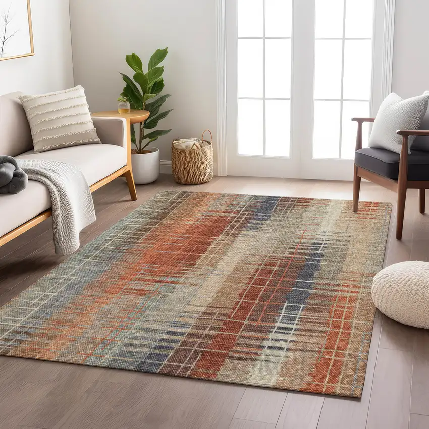 Khaki And Rust Striped Washable Indoor Outdoor Area Rug Photo 9