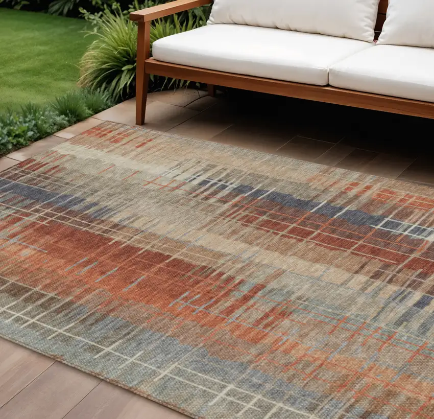 Khaki And Rust Striped Washable Indoor Outdoor Area Rug Photo 1