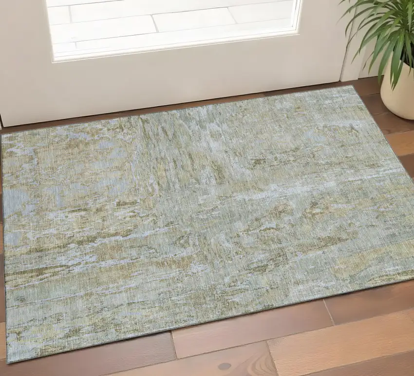 Khaki And Silver Abstract Washable Area Rug With UV Protection Photo 1
