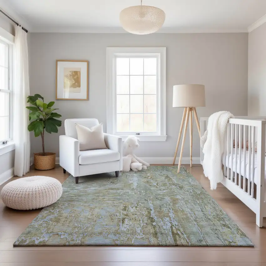 Khaki And Silver Abstract Washable Area Rug With UV Protection Photo 4