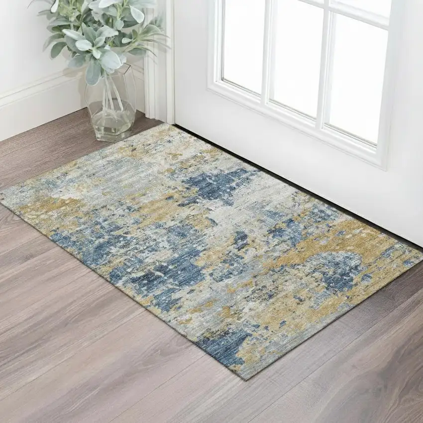 Khaki And Silver Abstract Washable Area Rug With UV Protection Photo 2