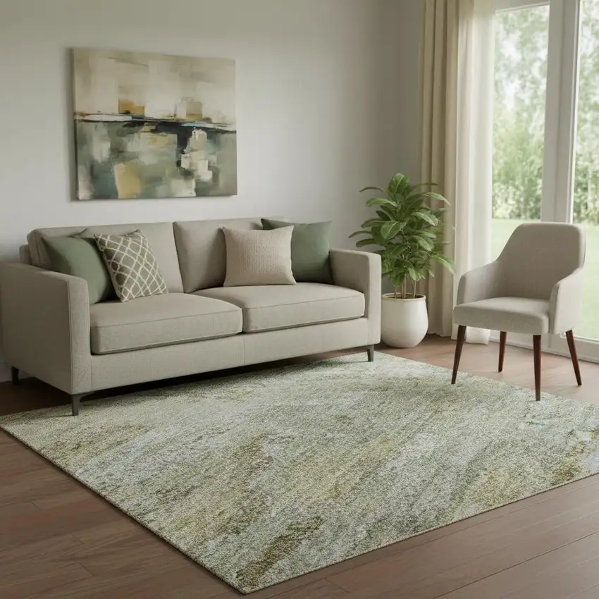 Khaki And Silver Abstract Washable Area Rug With UV Protection Photo 2