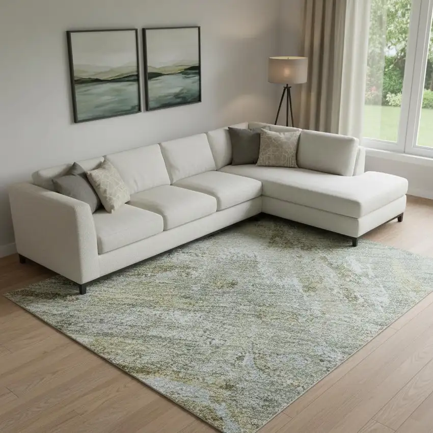 Khaki And Silver Abstract Washable Area Rug With UV Protection Photo 2