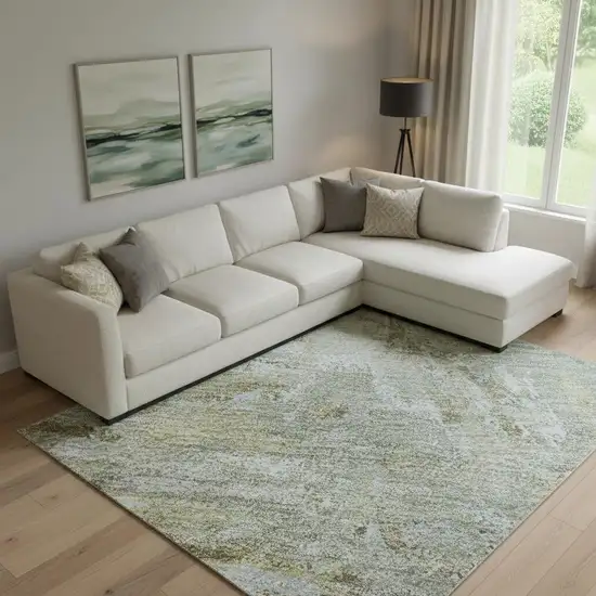 Khaki And Silver Abstract Washable Area Rug With UV Protection Photo 2