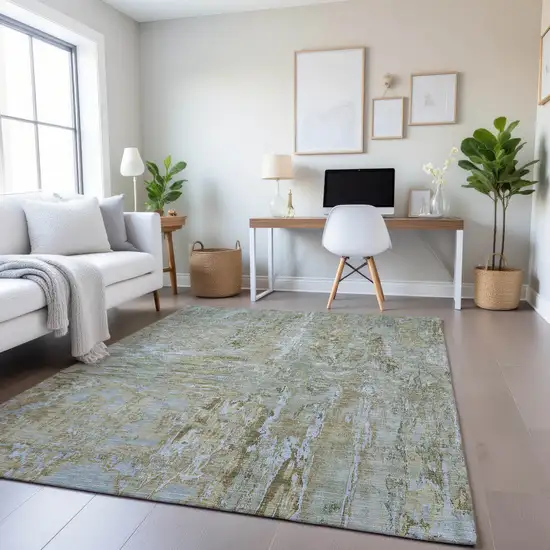 Khaki And Silver Abstract Washable Area Rug With UV Protection Photo 2