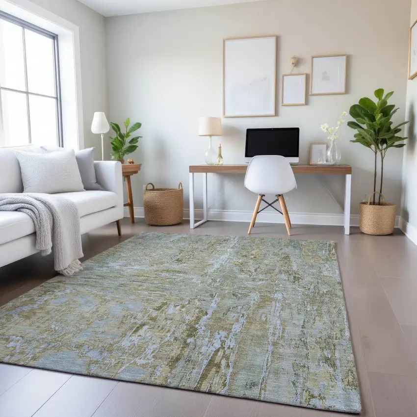 Khaki And Silver Abstract Washable Area Rug With UV Protection Photo 2