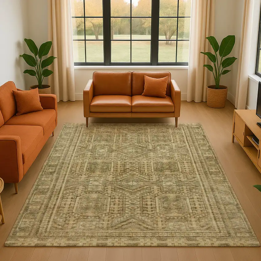 Khaki And Taupe Geometric Washable Area Rug With UV Protection Photo 5