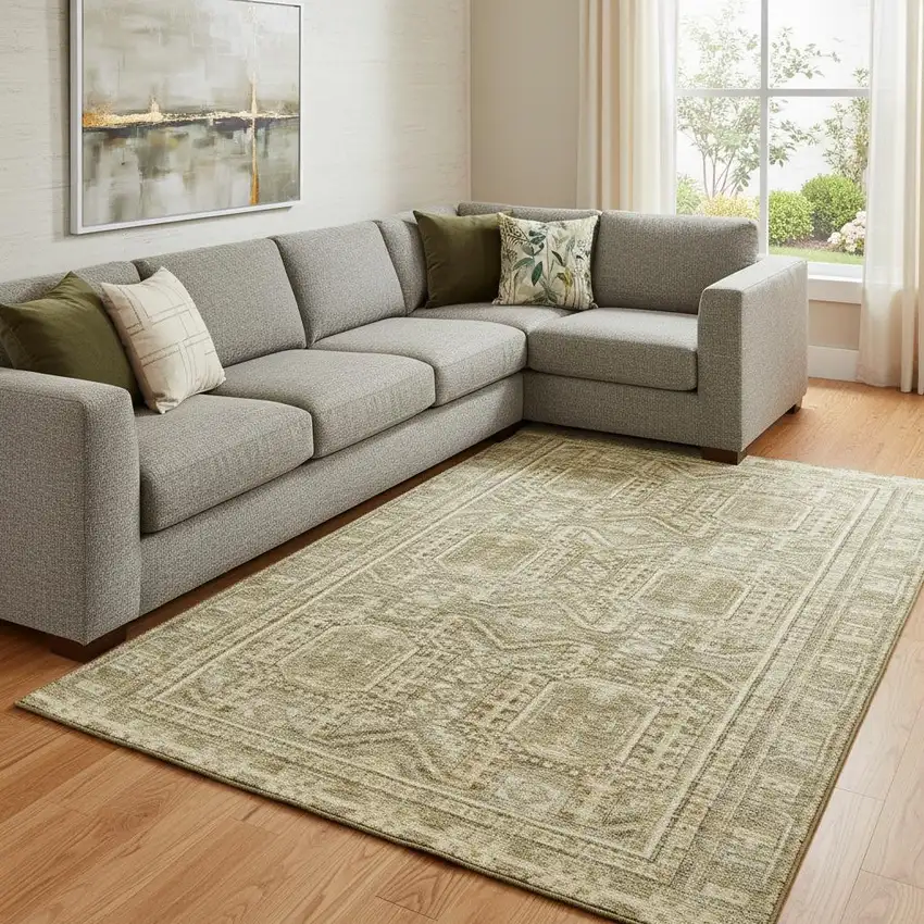 Khaki And Taupe Geometric Washable Area Rug With UV Protection Photo 2