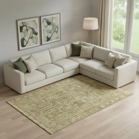 Khaki And Taupe Geometric Washable Area Rug With UV Protection Photo 2