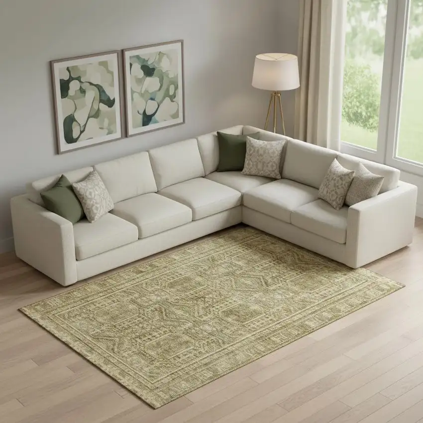 Khaki And Taupe Geometric Washable Area Rug With UV Protection Photo 2