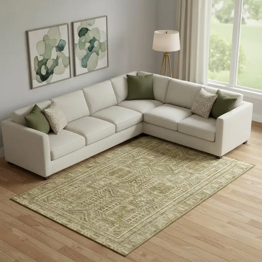 Khaki And Taupe Geometric Washable Area Rug With UV Protection Photo 2