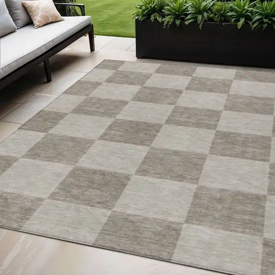 Khaki And Taupe Geometric Washable Indoor Outdoor Area Rug Photo 1