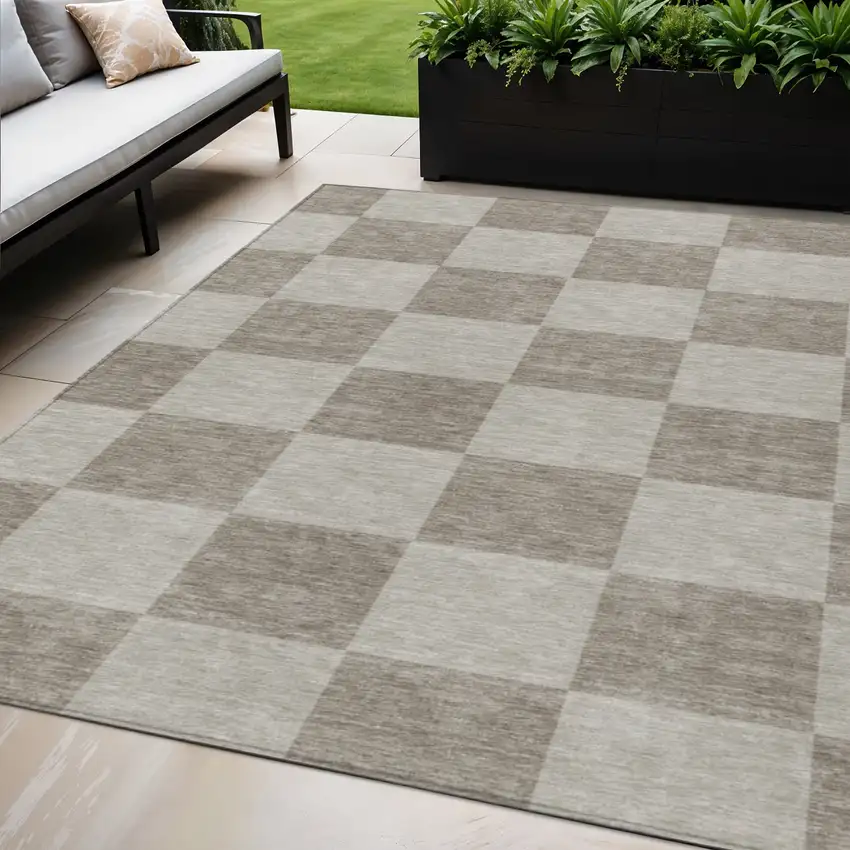 Khaki And Taupe Geometric Washable Indoor Outdoor Area Rug Photo 1