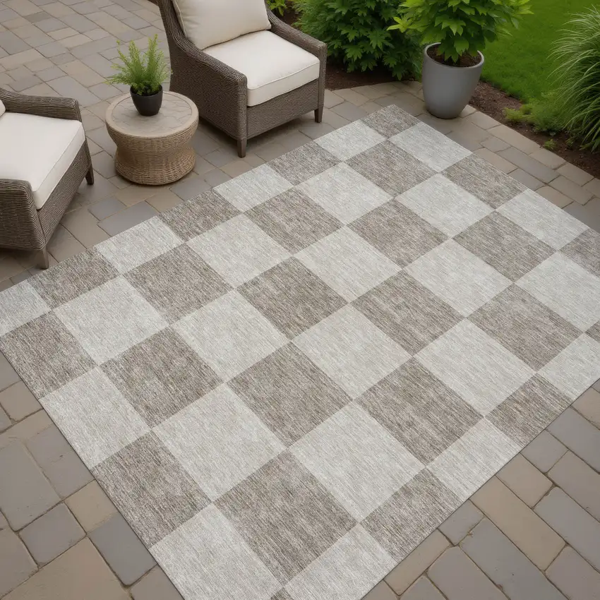 Khaki And Taupe Geometric Washable Indoor Outdoor Area Rug Photo 6