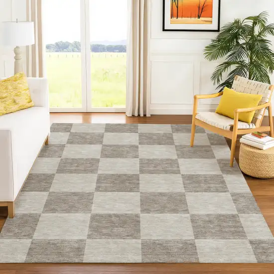 Khaki And Taupe Geometric Washable Indoor Outdoor Area Rug Photo 9