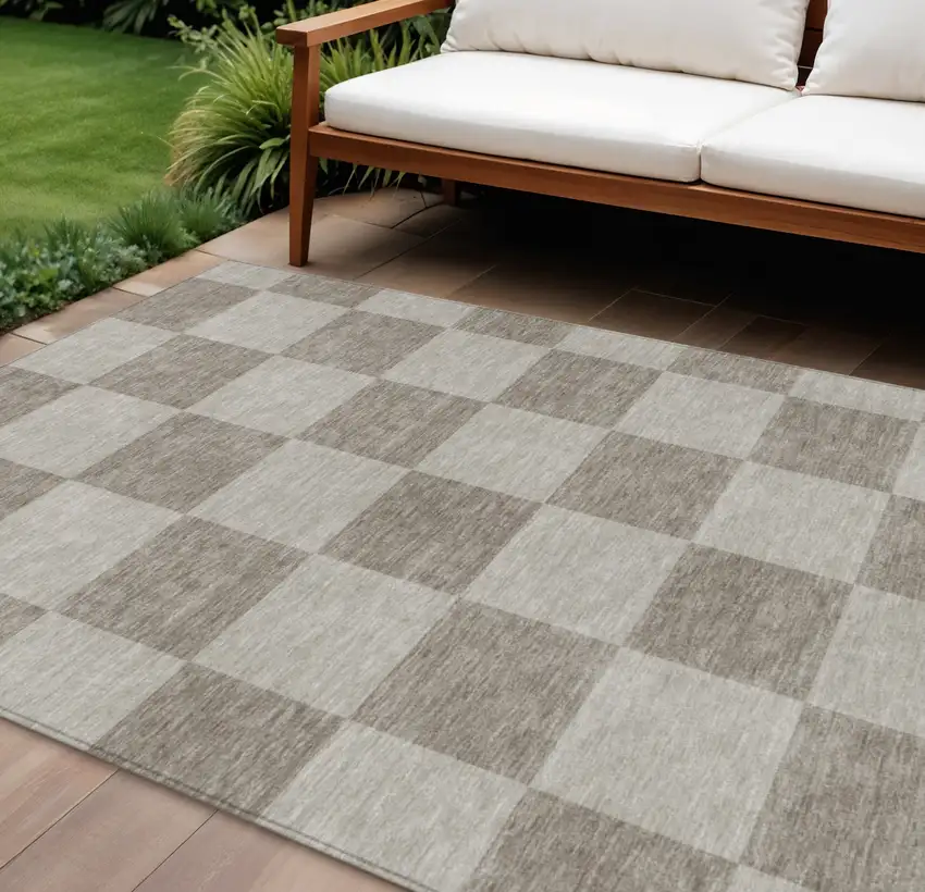 Khaki And Taupe Geometric Washable Indoor Outdoor Area Rug Photo 1