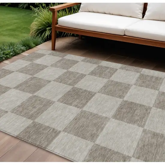 Khaki And Taupe Geometric Washable Indoor Outdoor Area Rug Photo 1